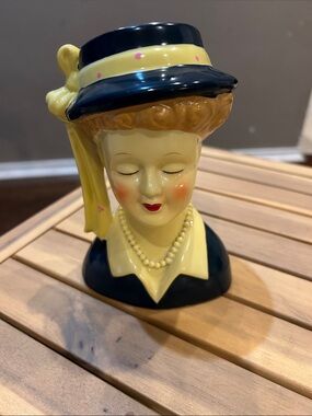 Vintage Ceramic Lady Head Vase in Yellow and Navy